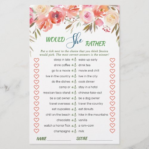 Sweet Blush Floral Watercolor Bridal Shower Game