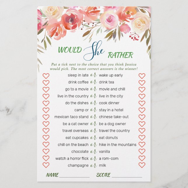 Sweet Blush Floral Watercolor Bridal Shower Game (Front)