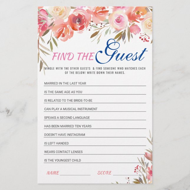 Sweet Blush Floral Watercolor Bridal Shower Game (Front)