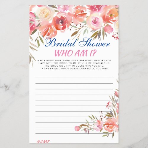 Sweet Blush Floral Who Am I Bridal Game Flyer