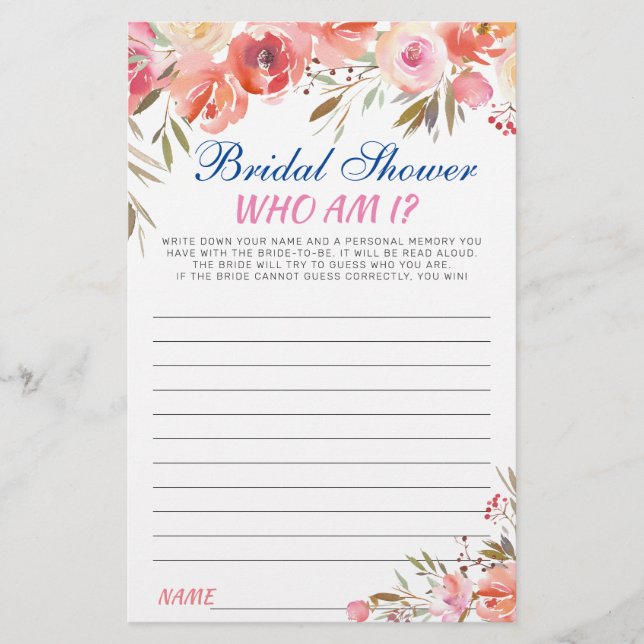 Sweet Blush Floral Who Am I Bridal Shower Game (Front)