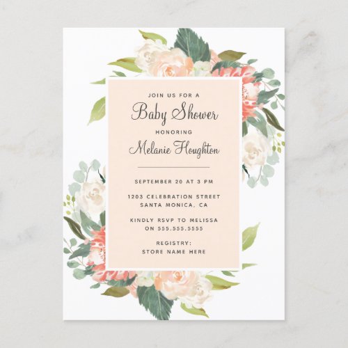 Sweet Blush  Peach Watercolor Floral Baby Shower Invitation Postcard