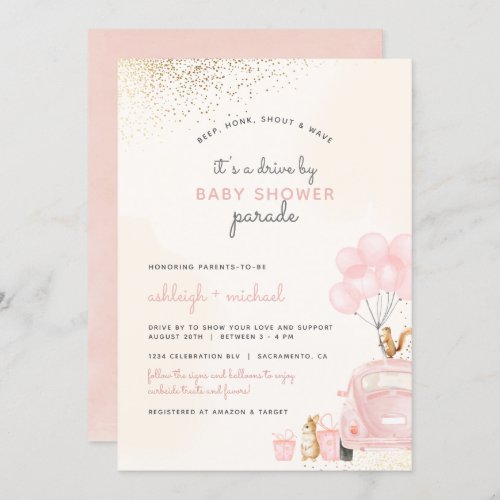 Sweet Blush Pink Balloons Car Drive By Baby Shower Invitation