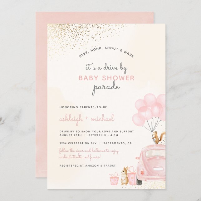 Sweet Blush Pink Balloons Car Drive By Baby Shower Invitation (Front/Back)
