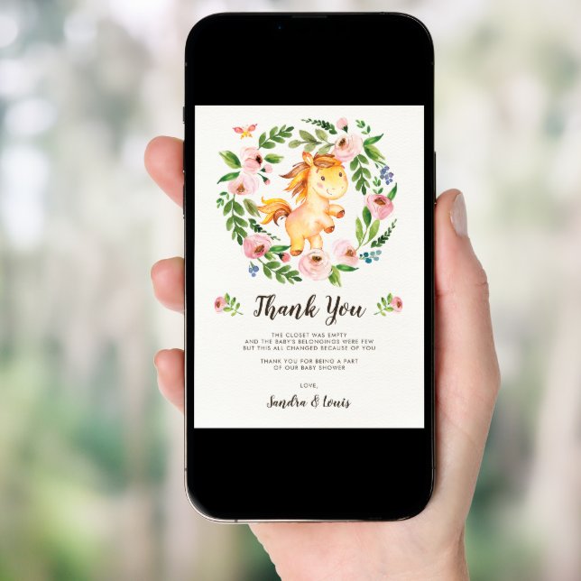 Sweet Blush Pink Floral Baby Horse Thank You Card (Front Digital)