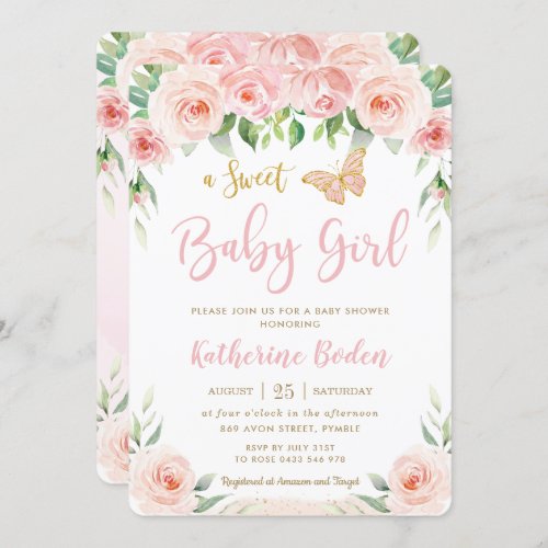 Sweet Blush Pink Floral Butterflies Baby Shower Invitation