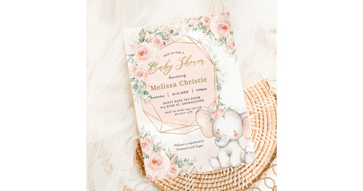 Sweet Blush Pink Floral Cute Elephant Baby Shower Invitation | Zazzle