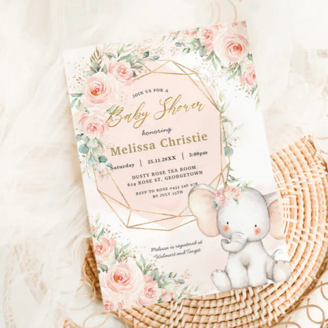 Sweet Blush Pink Floral Cute Elephant Baby Shower Invitation | Zazzle