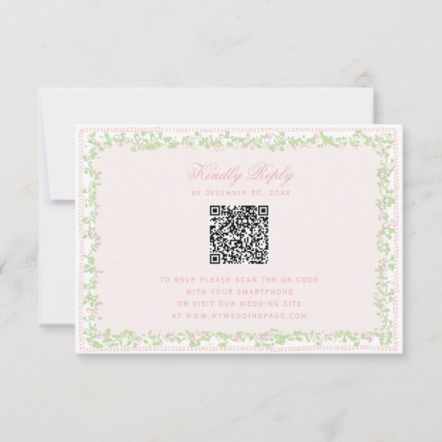 Sweet Blush Pink Floral Frame RSVP w/ Bow QR Code (Front)