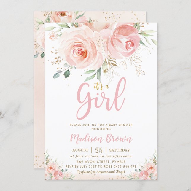Sweet Blush Pink Floral Gold Girl Baby Shower Invitation (Front/Back)
