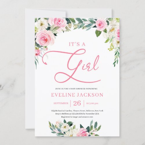 Sweet blush pink floral its a girl baby shower invitation