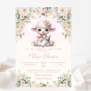 Sweet Blush Pink Floral Newborn Lamb Baby Shower Invitation