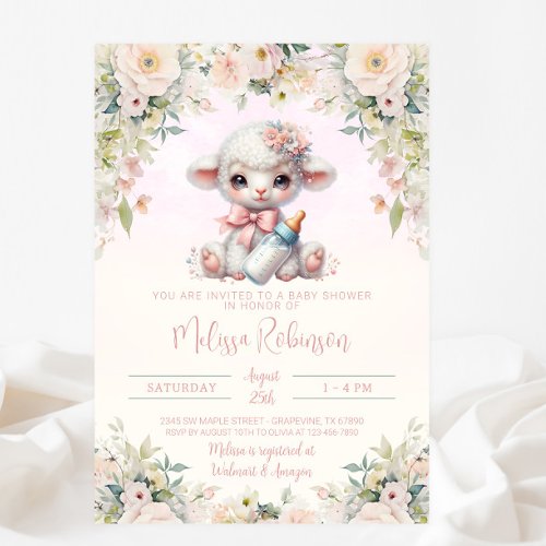 Sweet Blush Pink Floral Newborn Lamb Baby Shower Invitation