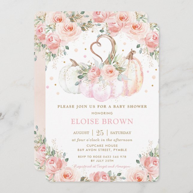 Sweet Blush Pink Floral Pumpkins Baby Shower Invitation (Front/Back)