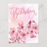 Sweet Blush Pink Sakura Floral Birthday Postcard<br><div class="desc">Pink cherry blossom with watercolor splash and vibrant typography 'Happy Birthday" birthday greeting card.</div>