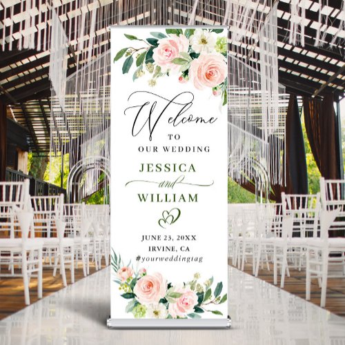 Sweet Blush Roses Floral Wedding Welcome Retractable Banner