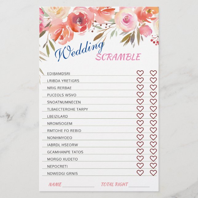 Sweet Blush Roses Watarcolor Bridal Shower Game (Front)