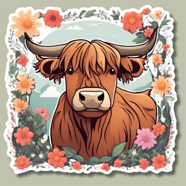Sweet Bohemian Highland Cow Waterproof  Sticker (Creator Uploaded)