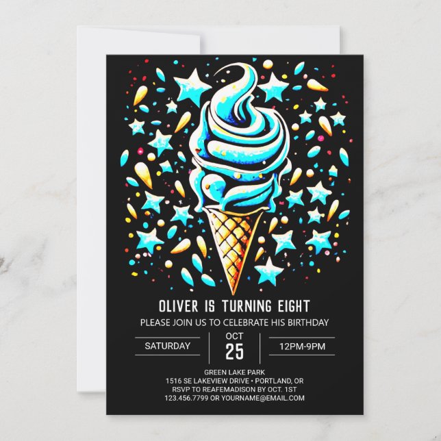 Sweet Boho Blue Boy Ice Cream Birthday Invitation (Front)