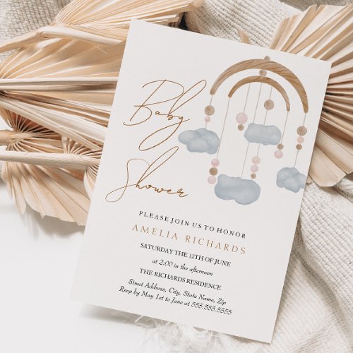 Sweet Boho Blue Cloud Mobile Baby Shower Invitation