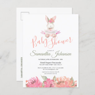 Sweet Boho Bunny Pretty Pink Floral Baby Shower Invitation Postcard