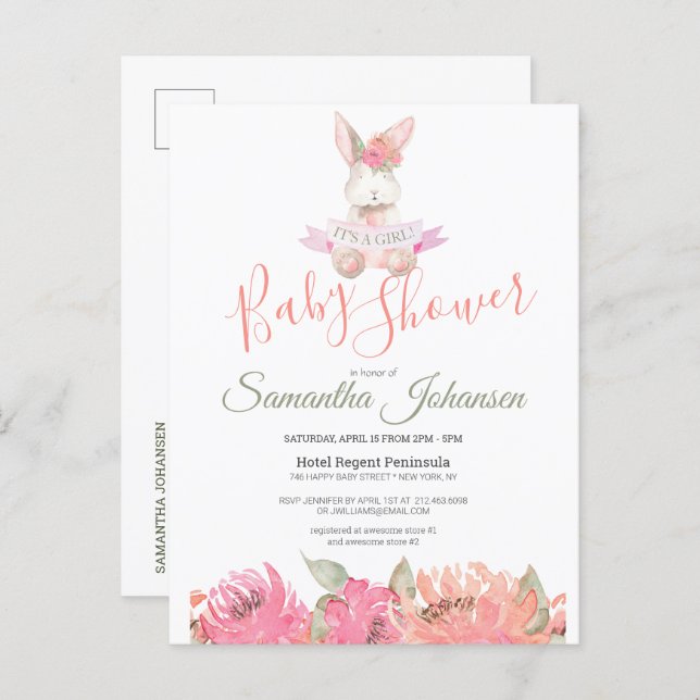 Sweet Boho Bunny Pretty Pink Floral Baby Shower Invitation Postcard (Front/Back)