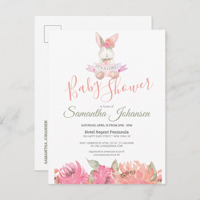 Sweet Boho Bunny Pretty Pink Floral Baby Shower Invitation Postcard (Front/Back)