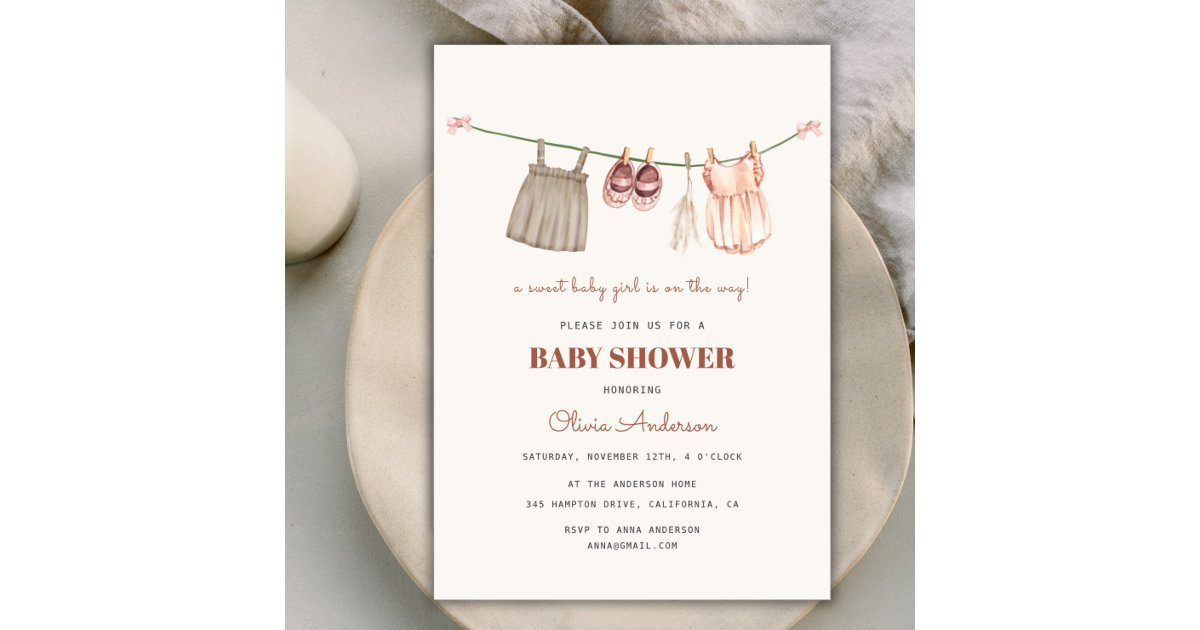 Sweet Boho Clothesline Girl Baby Shower Invitation | Zazzle