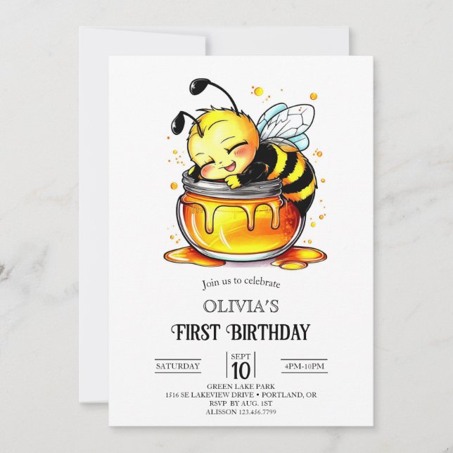 Sweet Boho Digital Bee 1st Birthday Invitation (Front)