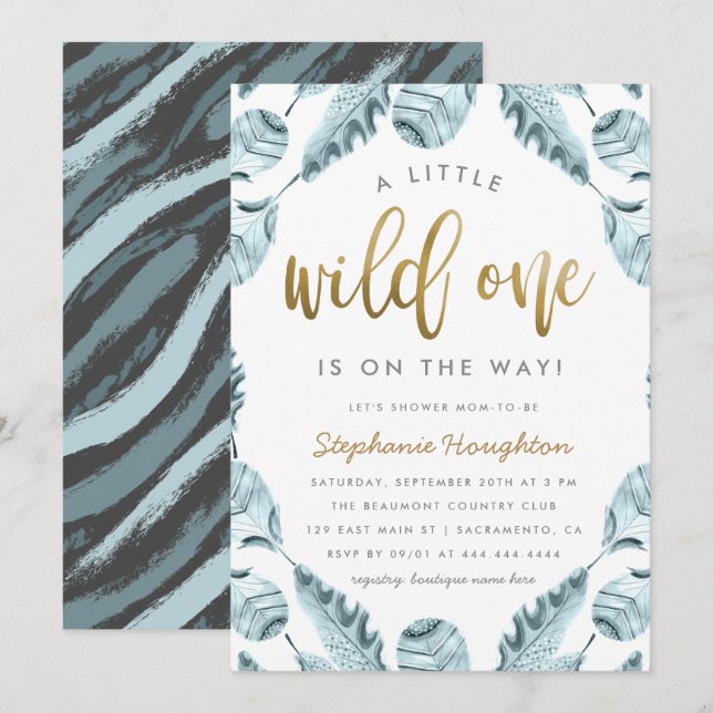 Sweet Boho Feathers Gold Wild One Boy Baby Shower Invitation (Front/Back)
