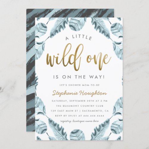 Sweet Boho Feathers Gold Wild One Boy Baby Shower Invitation