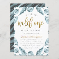 Sweet Boho Feathers Gold Wild One Boy Baby Shower Invitation