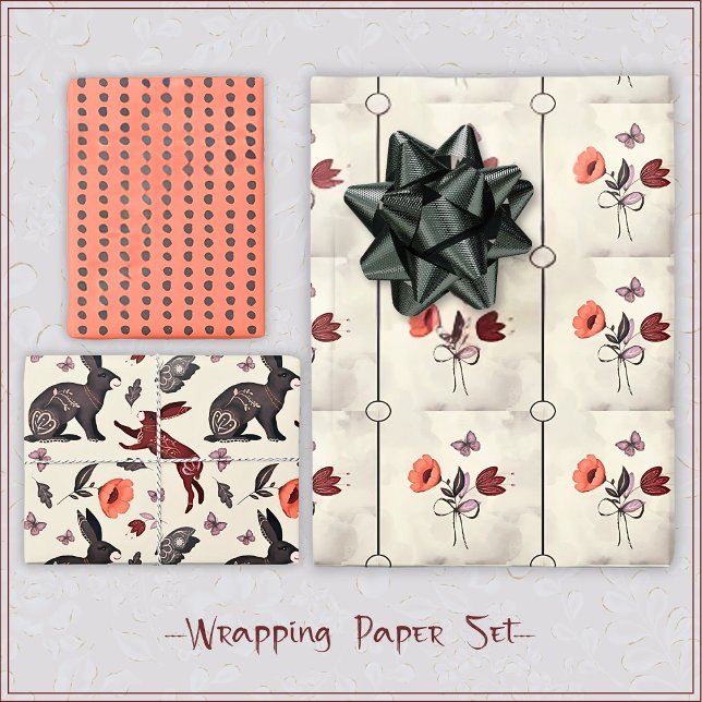 Sweet boho folk art rabbit butterfly floral Hygge Wrapping Paper Sheets (Creator Uploaded)