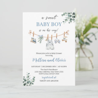 Sweet Boho Neutral Clothesline Boy Baby Shower Invitation