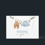 Sweet Boho Neutral Clothesline Boy Baby Shower Thank You Card<br><div class="desc">Express your heartfelt thanks with our Boho Neutral Boy Baby Shower Thank You Card! This elegant card features muted neutral tones, including dusk blue and beige, creating a calming and inviting palette. The design showcases an adorable clothesline adorned with baby boy clothes, adding a sweet and charming element to the...</div>