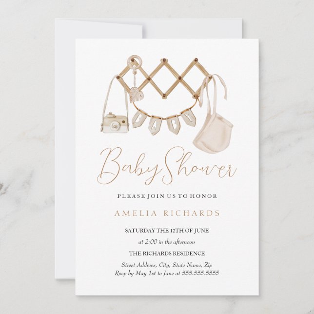 Sweet Boho Neutral Dusty Blue Baby Shower Invitation (Front)