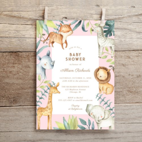 Sweet boho safari animals pink girl baby shower invitation