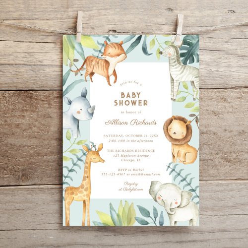 Sweet boho safari animals sage boy baby shower invitation