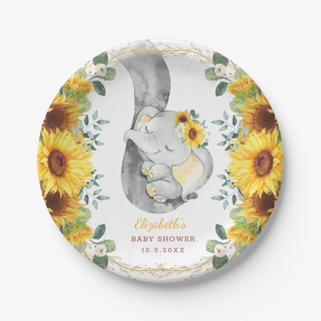 Sweet Boho Sunflower Elephant Baby Shower Birthday Paper Plates (Front)