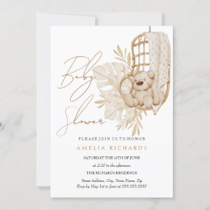 Sweet Boho Teddy Bear Blue Baby Shower Invitation