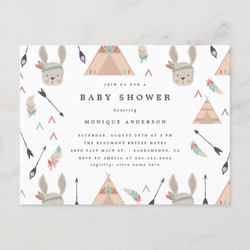 Sweet Boho Tribal Bunny with Feathers Baby Shower Invitation Postcard