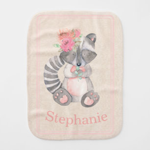Sweet Boho Watercolor Floral Raccoon Baby Burp Cloth