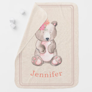 Sweet Boho Watercolor Teddy Bear Baby Blanket