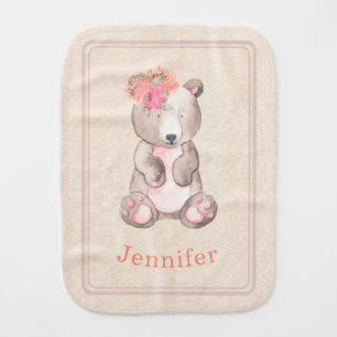 Sweet Boho Watercolor Teddy Bear Baby Burp Cloth