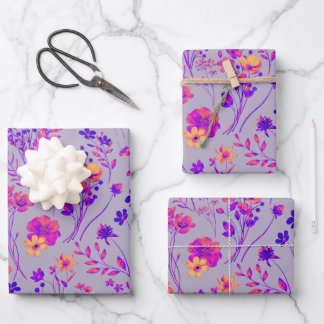 Sweet Bold Neon Pink & Purple Watercolor Flowers Wrapping Paper Sheets