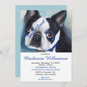 SWEET BOSTON TERRIER PUPPY WISHES HAPPY BIRTHDAY INVITATION