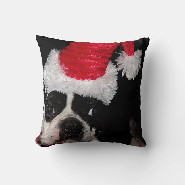 Sweet Boston terrier wearing a Santa hat Throw Pillow (Front)