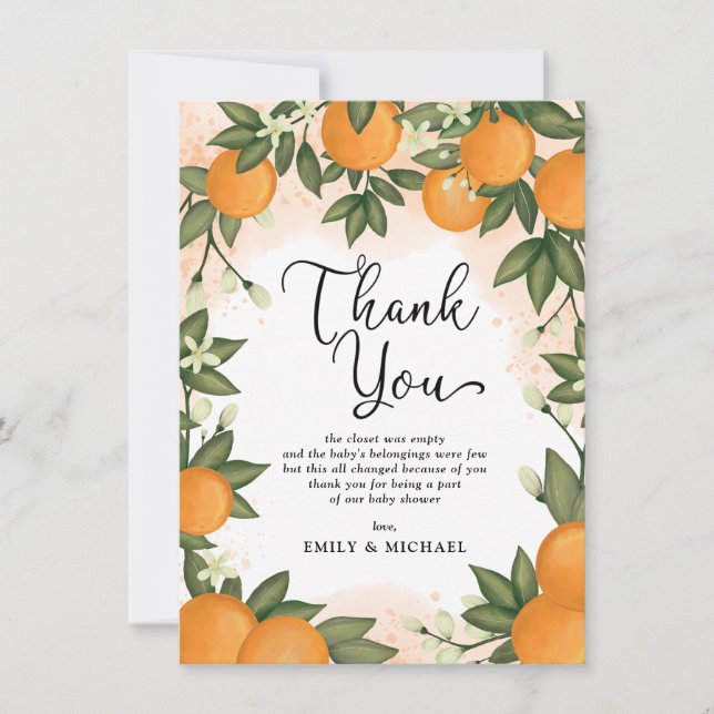 Sweet Botanical Citrus Oranges Baby Shower Favors Thank You Card (Front)