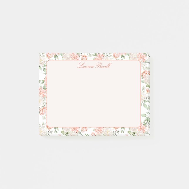 Sweet Botanical Rose Romantic Floral Personalized Post-it Notes (Front)