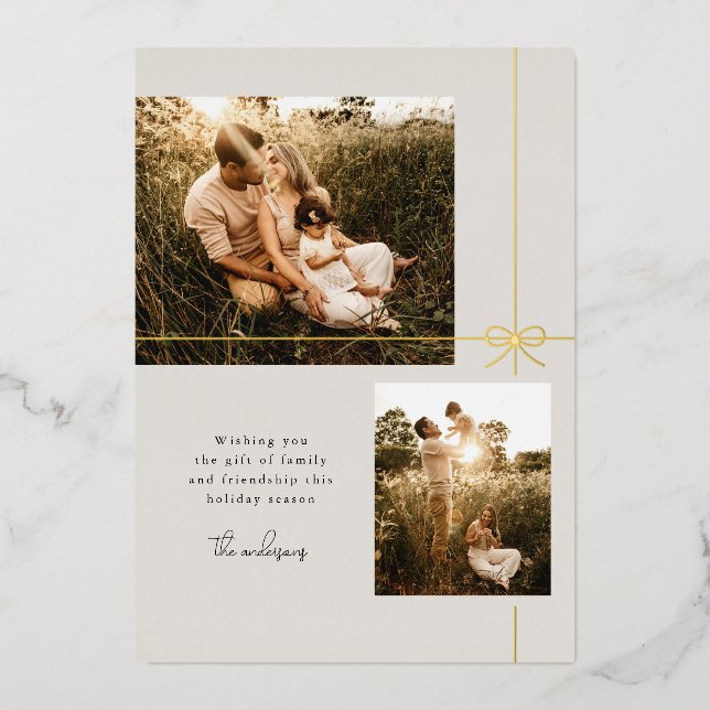 Sweet Bow Family + Friendship Modern Two Photo Foil Holiday Card (Front)